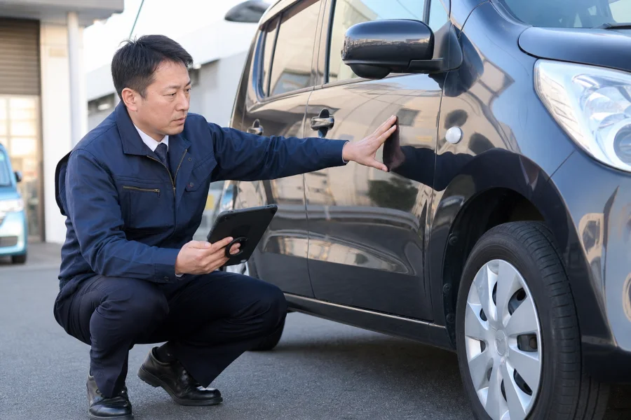 車の外装を確認しながら査定項目を記録する査定士
