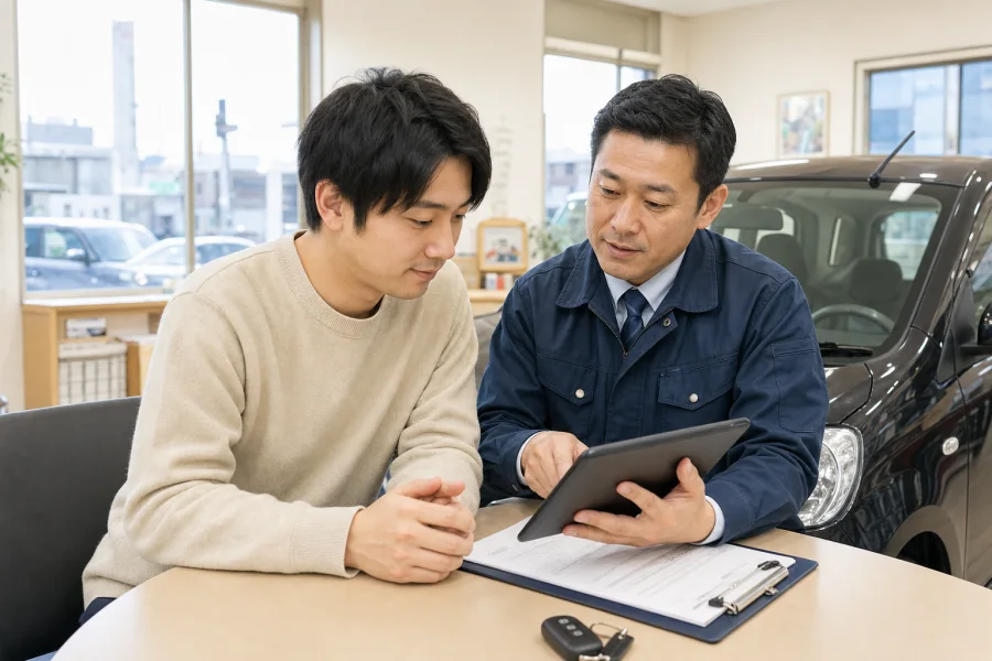 日本の車査定で車両状態と査定表を確認する場面