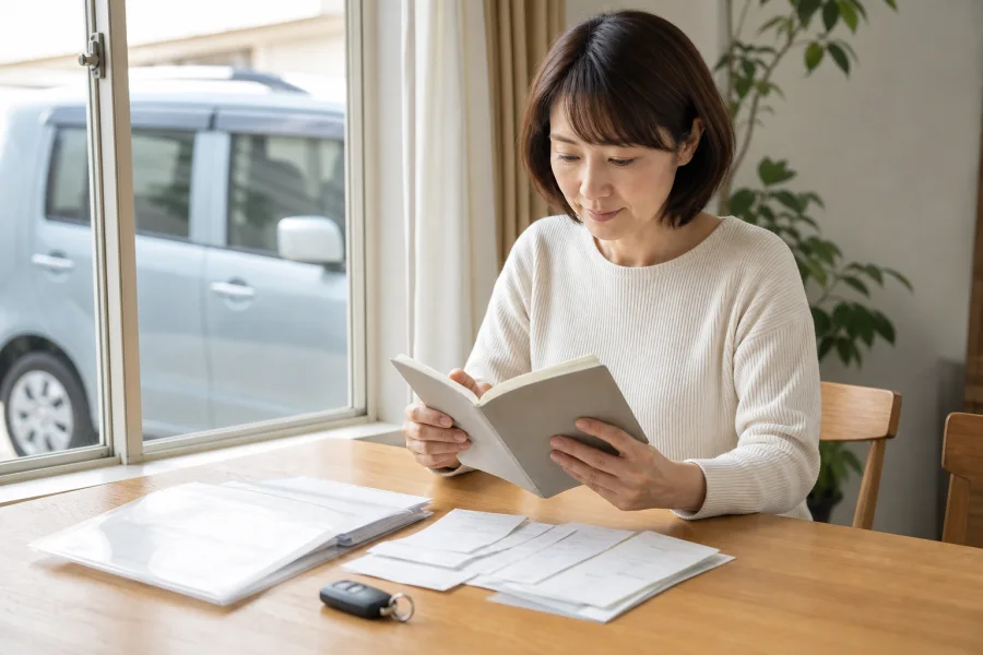 整備記録簿と整備明細を確認する日本の車所有者