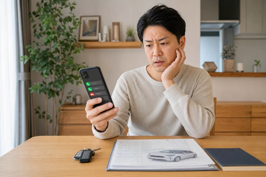 車の一括査定申込み後にスマートフォンの着信を確認する男性