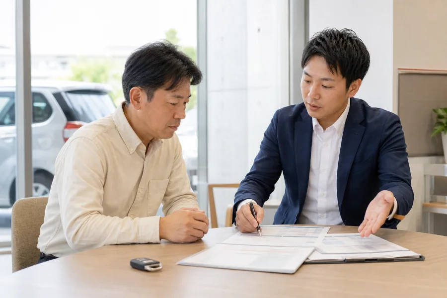 車の査定額と契約条件の説明を受ける男性