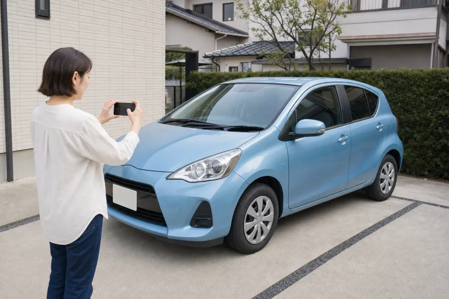スマートフォンで車の外装写真を撮影する女性
