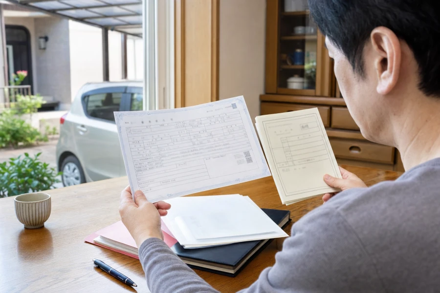 車検証と戸籍書類を机に並べて相続車の所有者を確認する様子