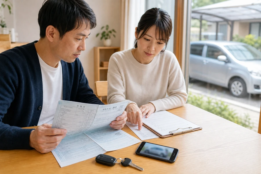 相続した車の車検証と査定内容を家族で順番に確認する場面