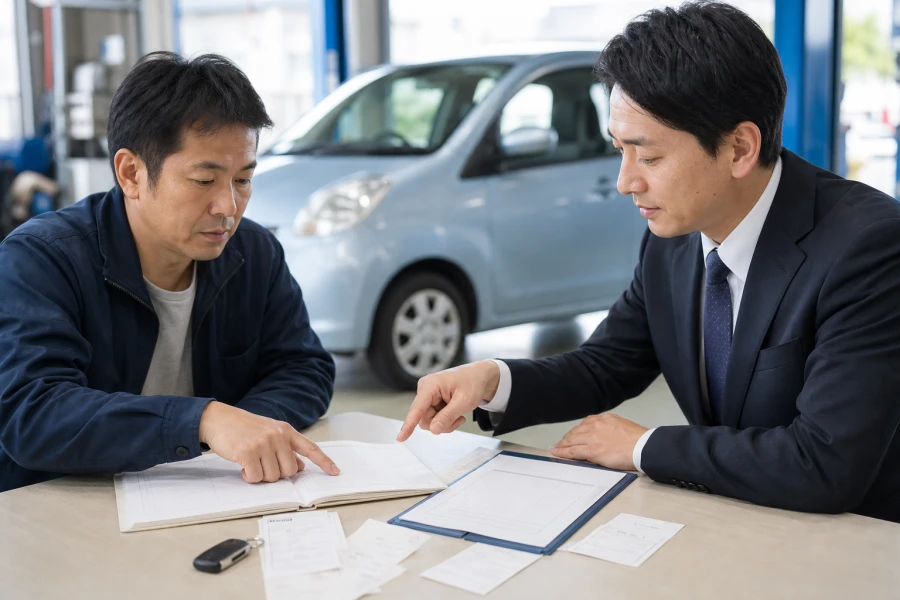 整備記録簿と部品交換の明細を車の査定前に整理している様子
